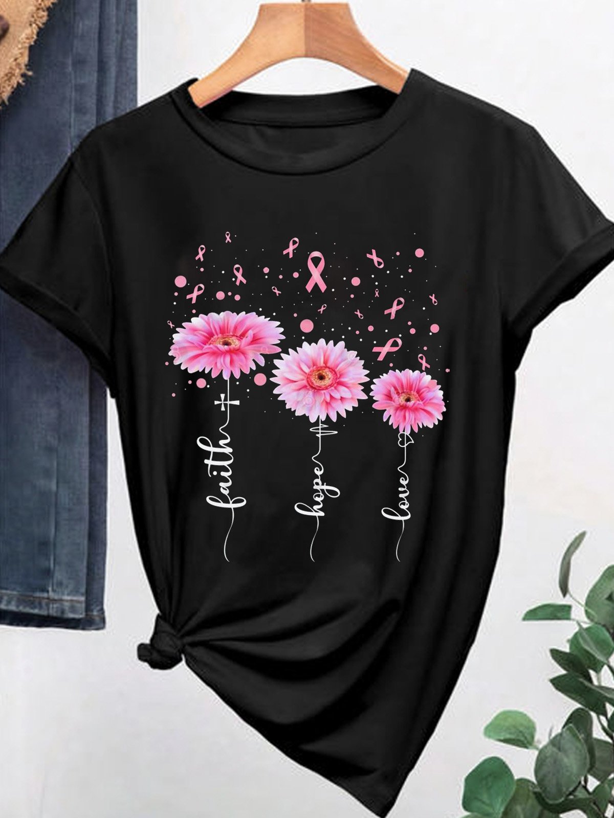 Casual Loose Crew Neck Cotton Breast Cancer T-Shirt