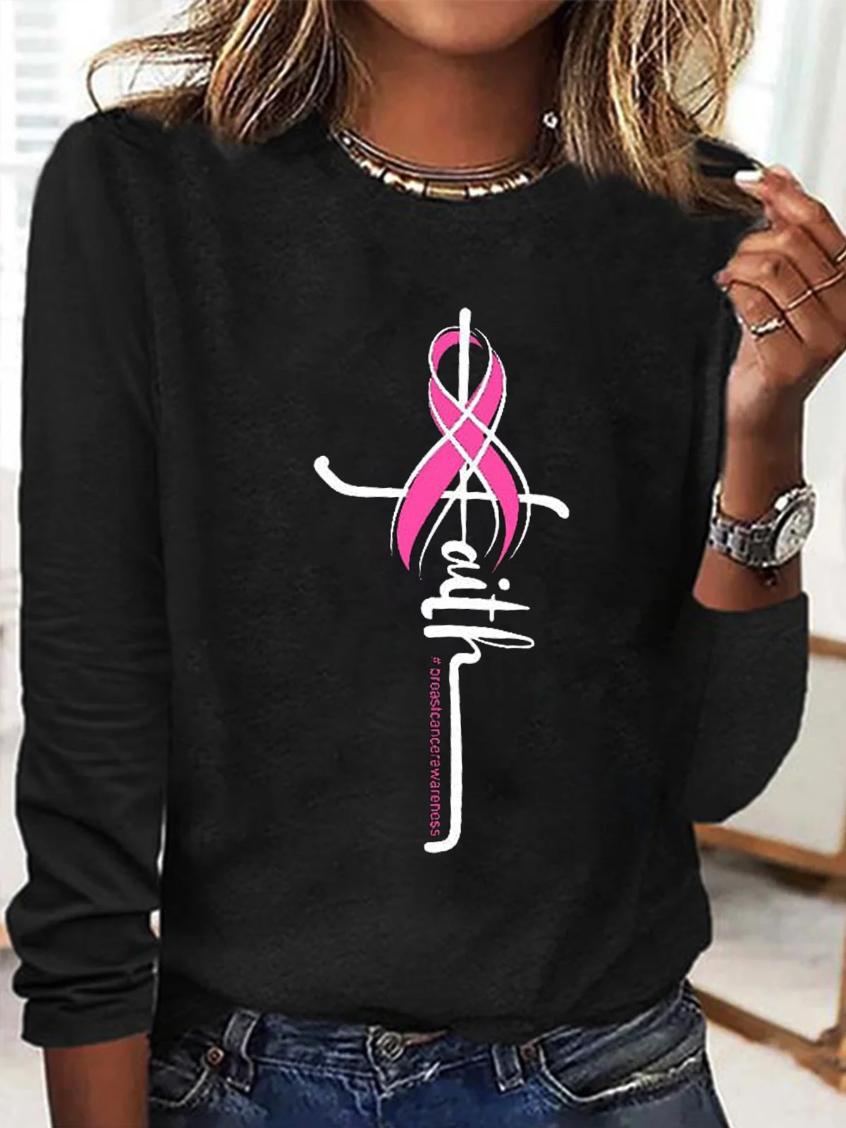 Casual Crew Neck Cotton Breast Cancer T-Shirt