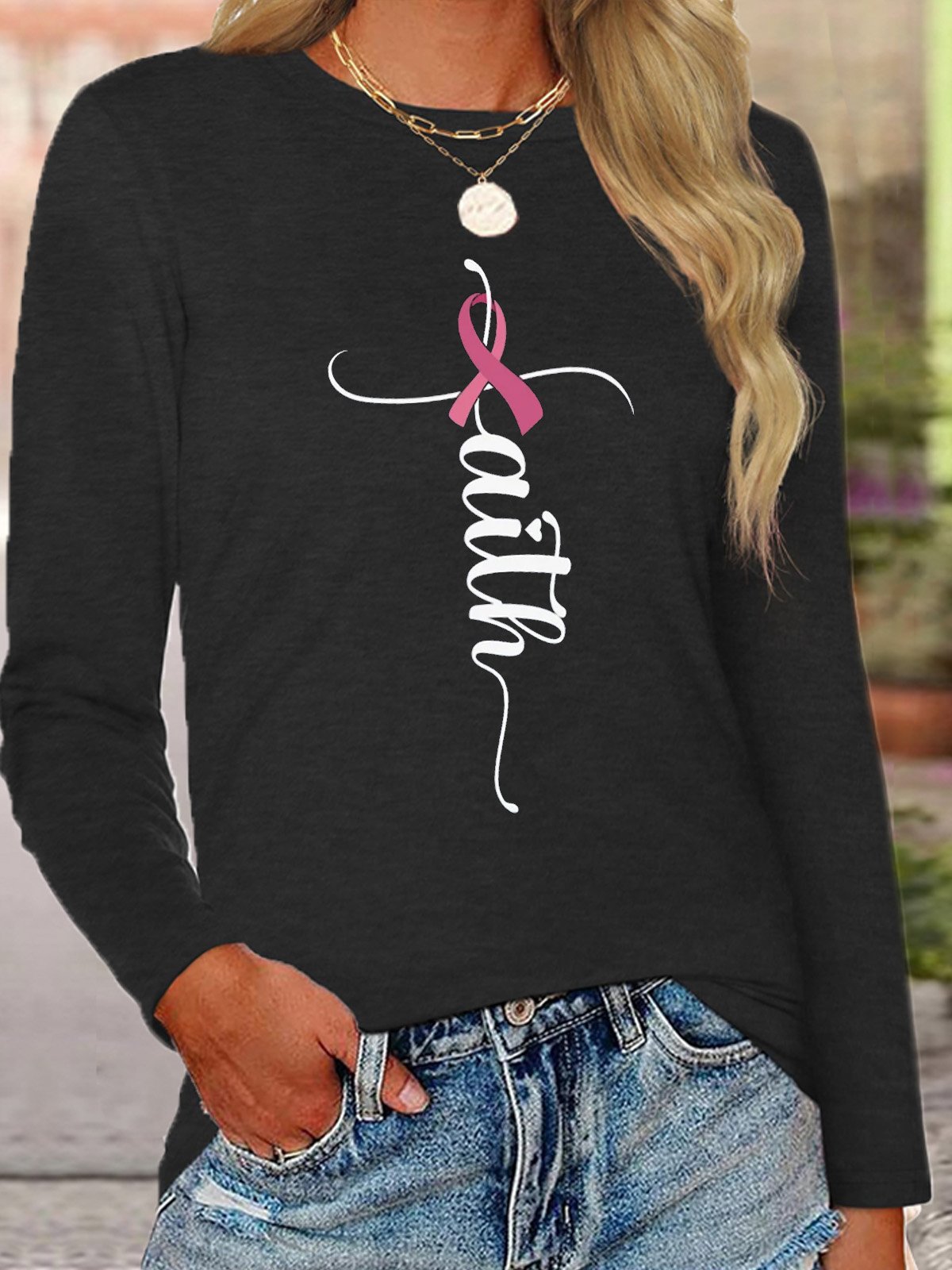 Crew Neck Casual Breast Cancer T-Shirt