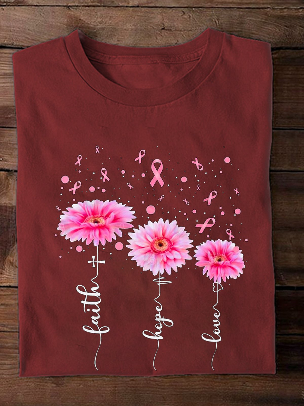 Casual Loose Crew Neck Cotton Breast Cancer T-Shirt