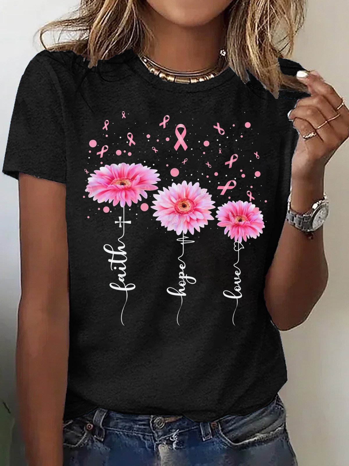 Casual Loose Crew Neck Cotton Breast Cancer T-Shirt