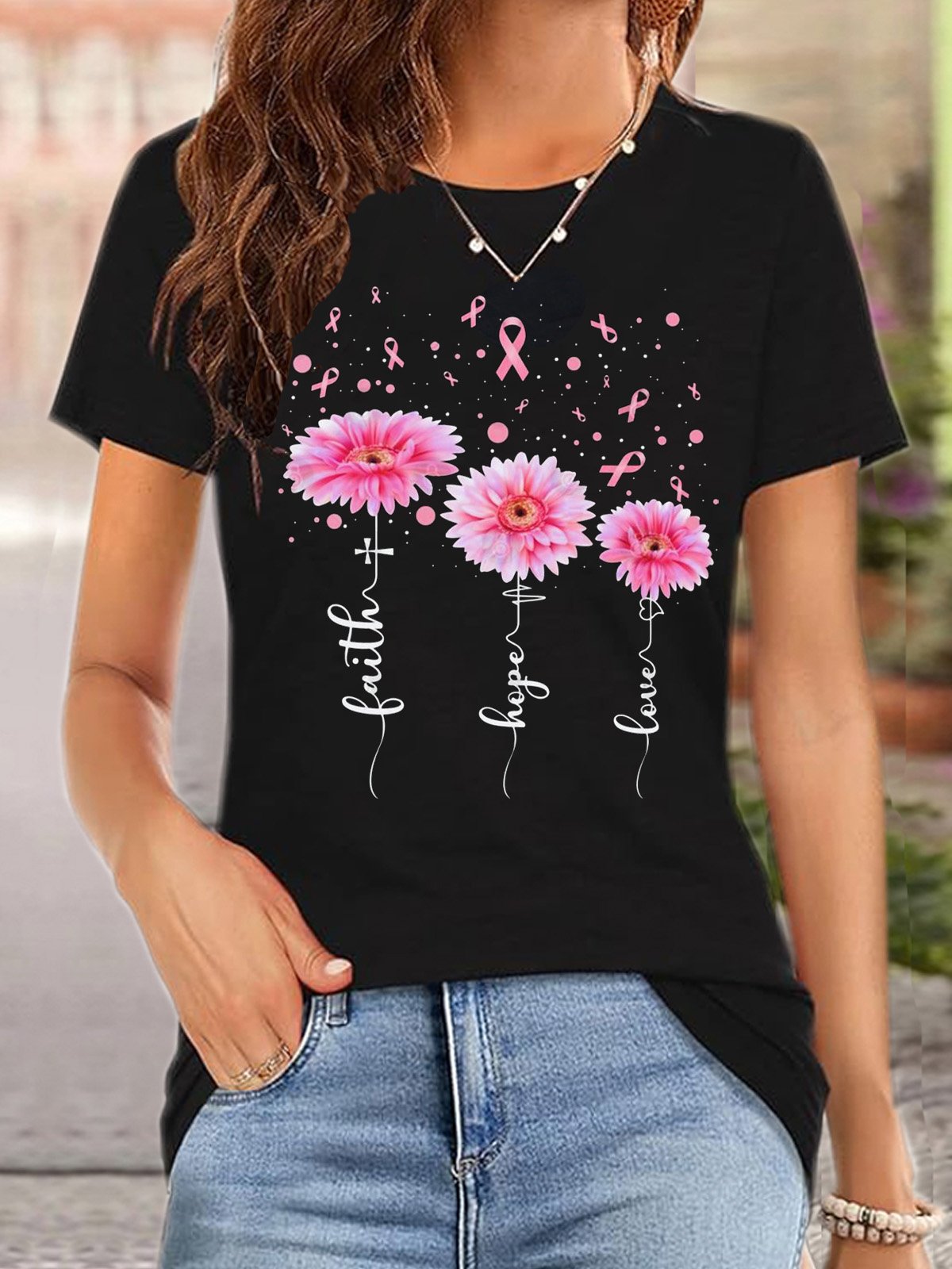 Casual Loose Crew Neck Cotton Breast Cancer T-Shirt