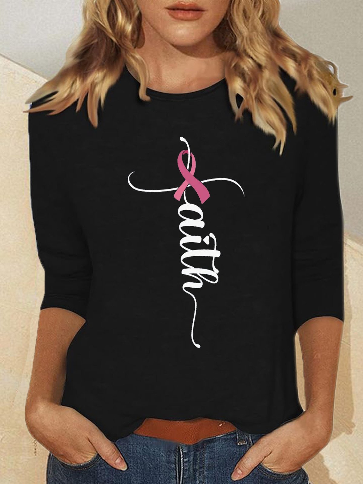 Crew Neck Casual Breast Cancer T-Shirt