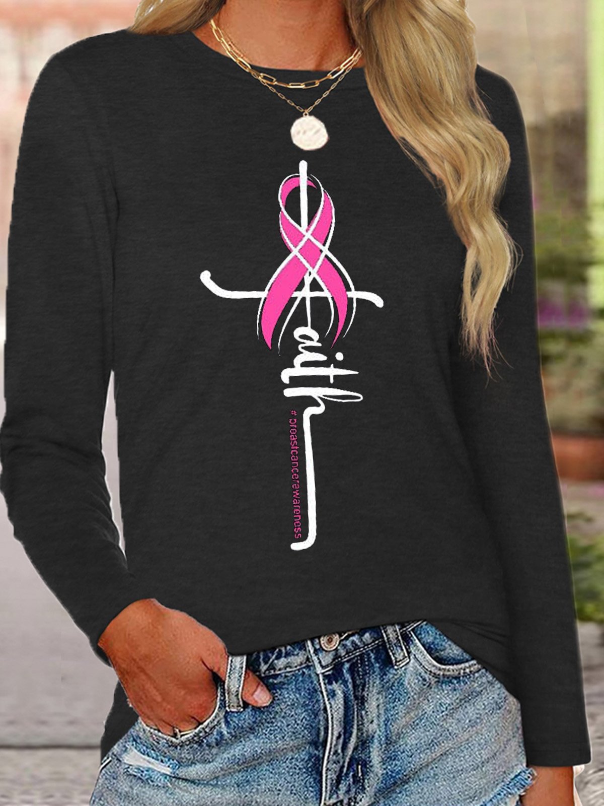 Casual Crew Neck Cotton Breast Cancer T-Shirt