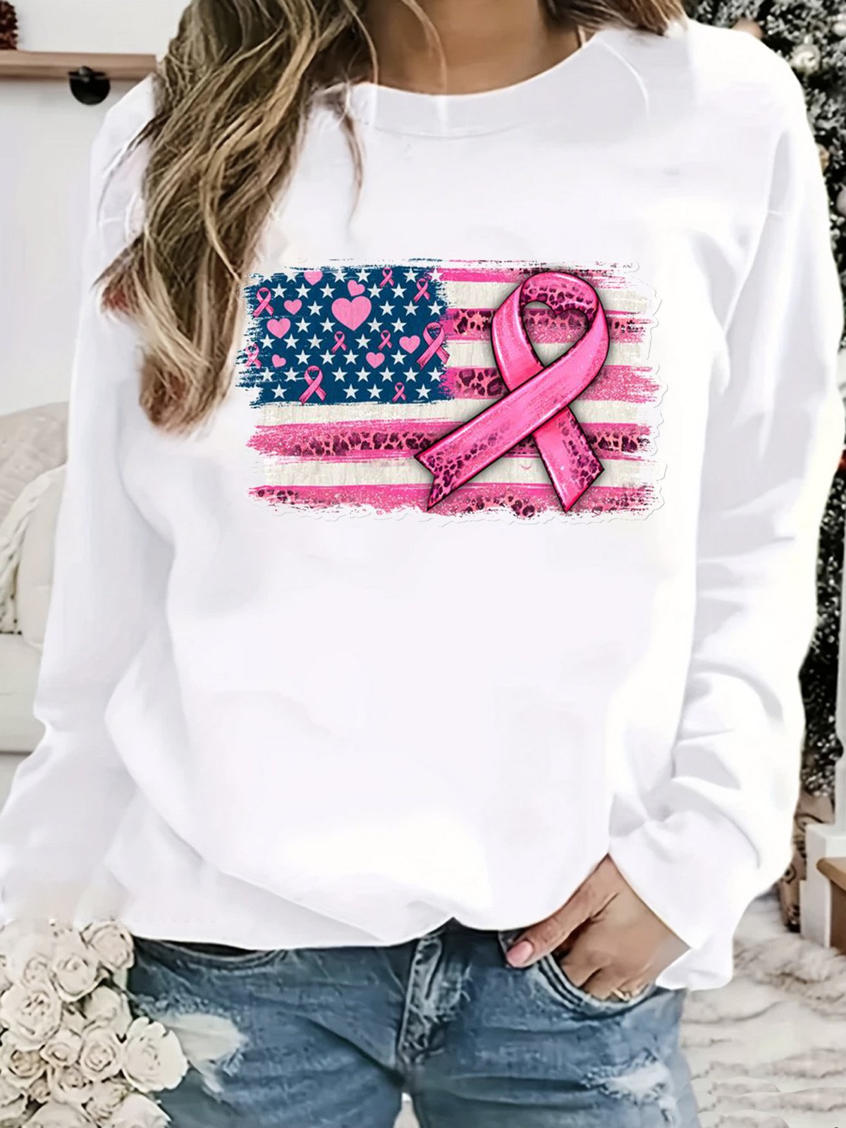 Casual Striped Breast Cancer Sweatshirt