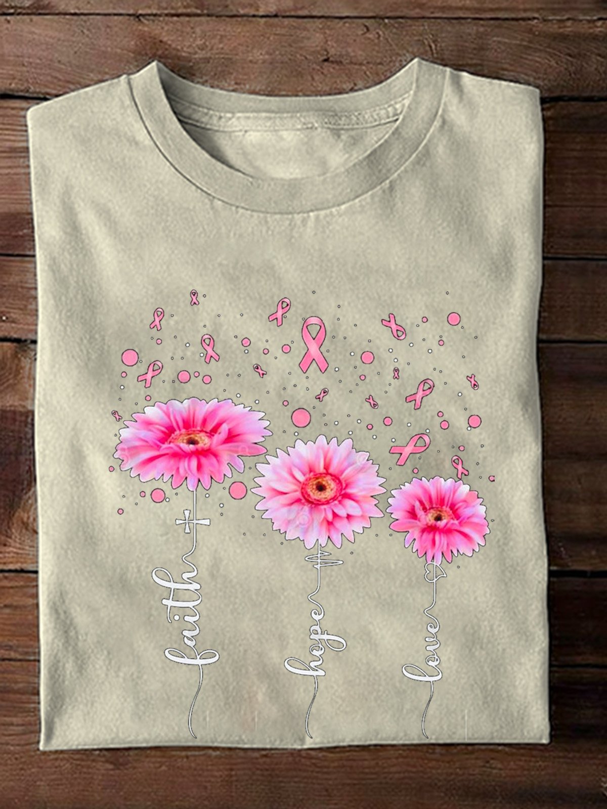 Casual Loose Crew Neck Cotton Breast Cancer T-Shirt