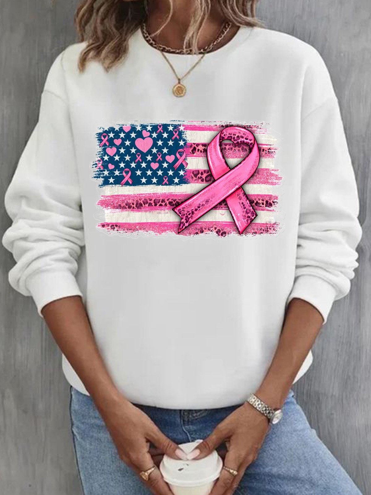 Casual Striped Breast Cancer Sweatshirt