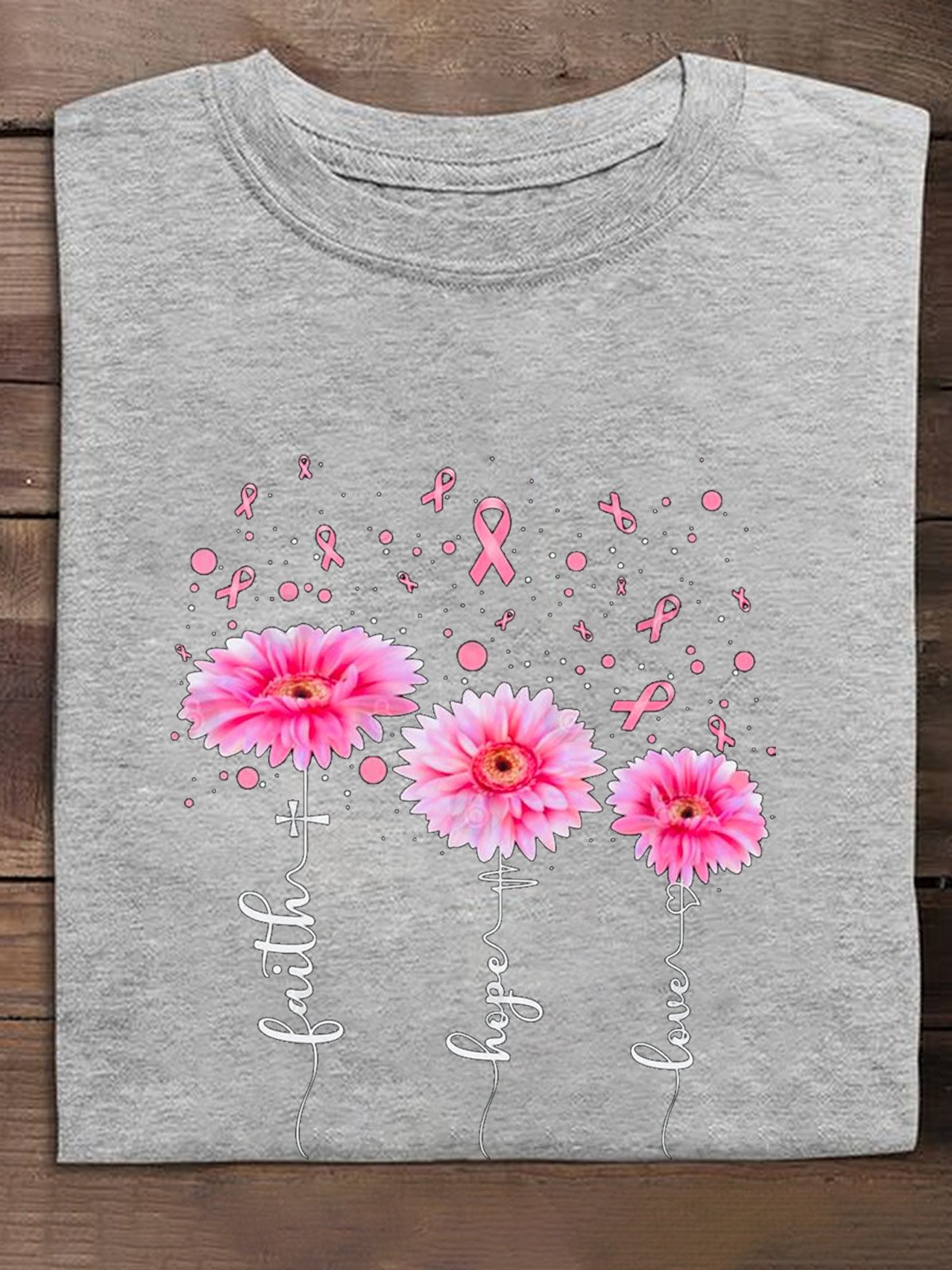 Casual Loose Crew Neck Cotton Breast Cancer T-Shirt