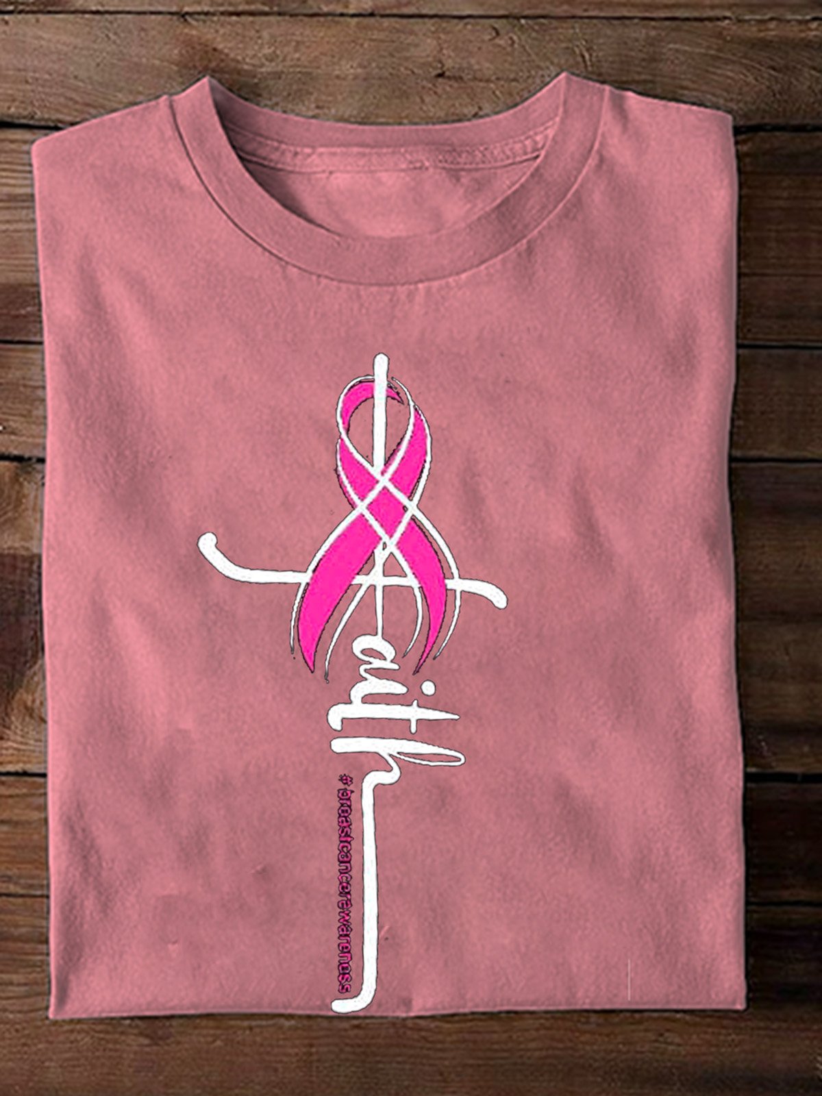 Casual Crew Neck Cotton Breast Cancer T-Shirt