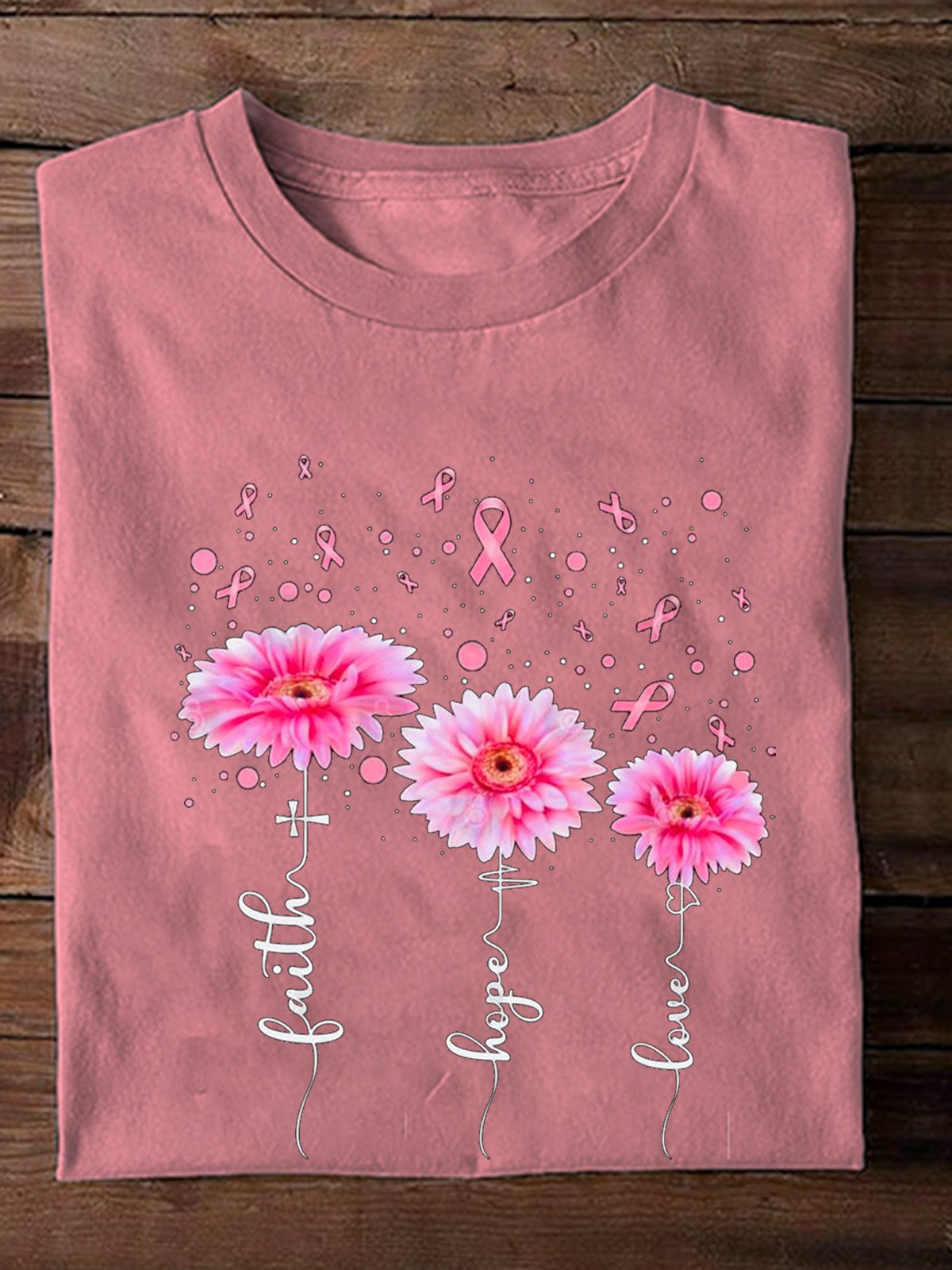 Casual Loose Crew Neck Cotton Breast Cancer T-Shirt