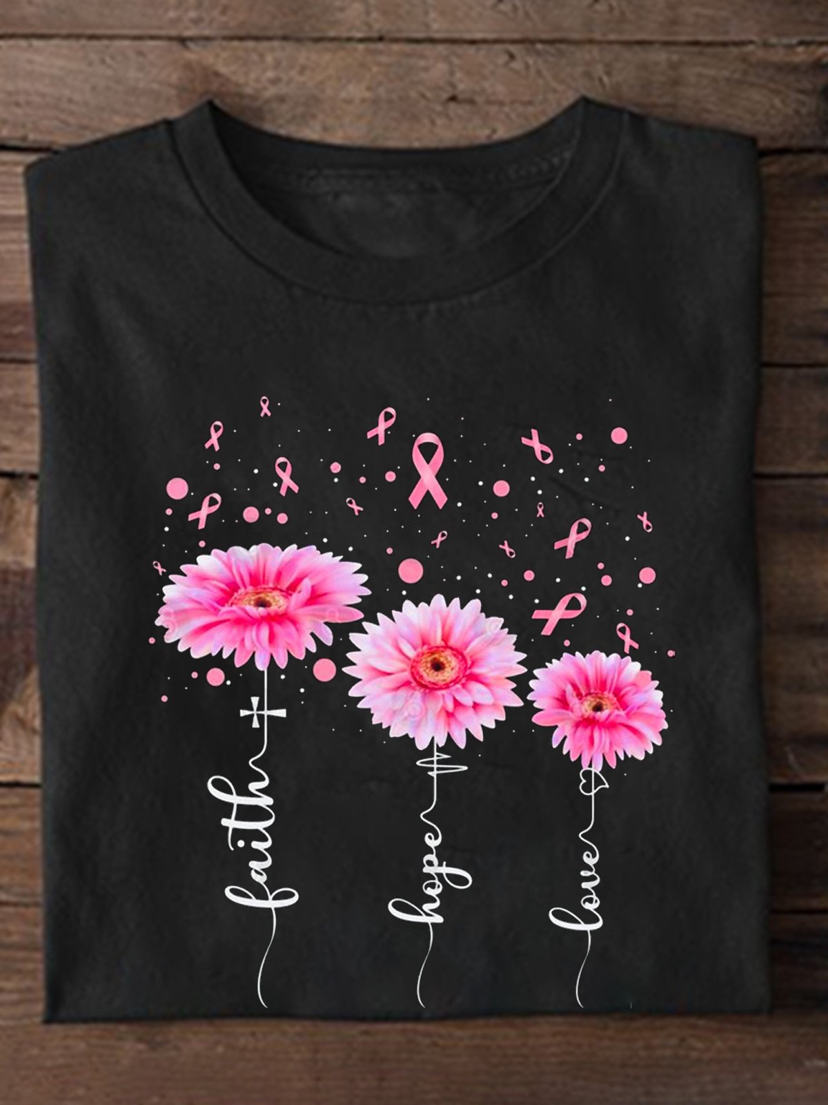 Casual Loose Crew Neck Cotton Breast Cancer T-Shirt