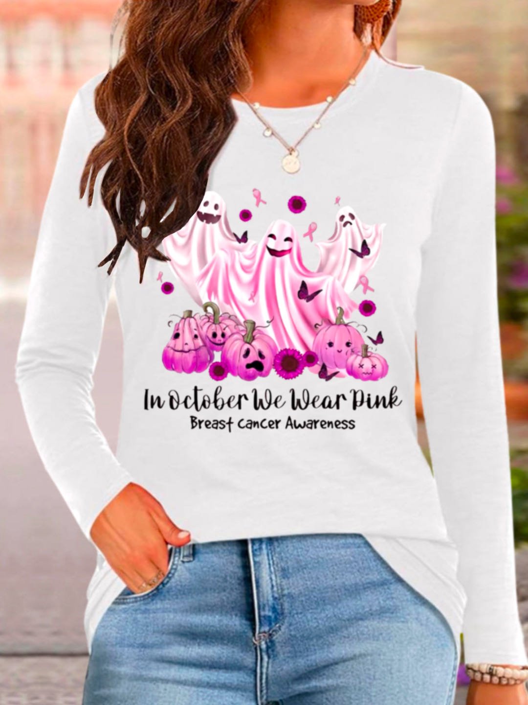 In October We Wear Pink Breast Cancer Awareness Halloween Art Print Casual Breast Cancer T-Shirt