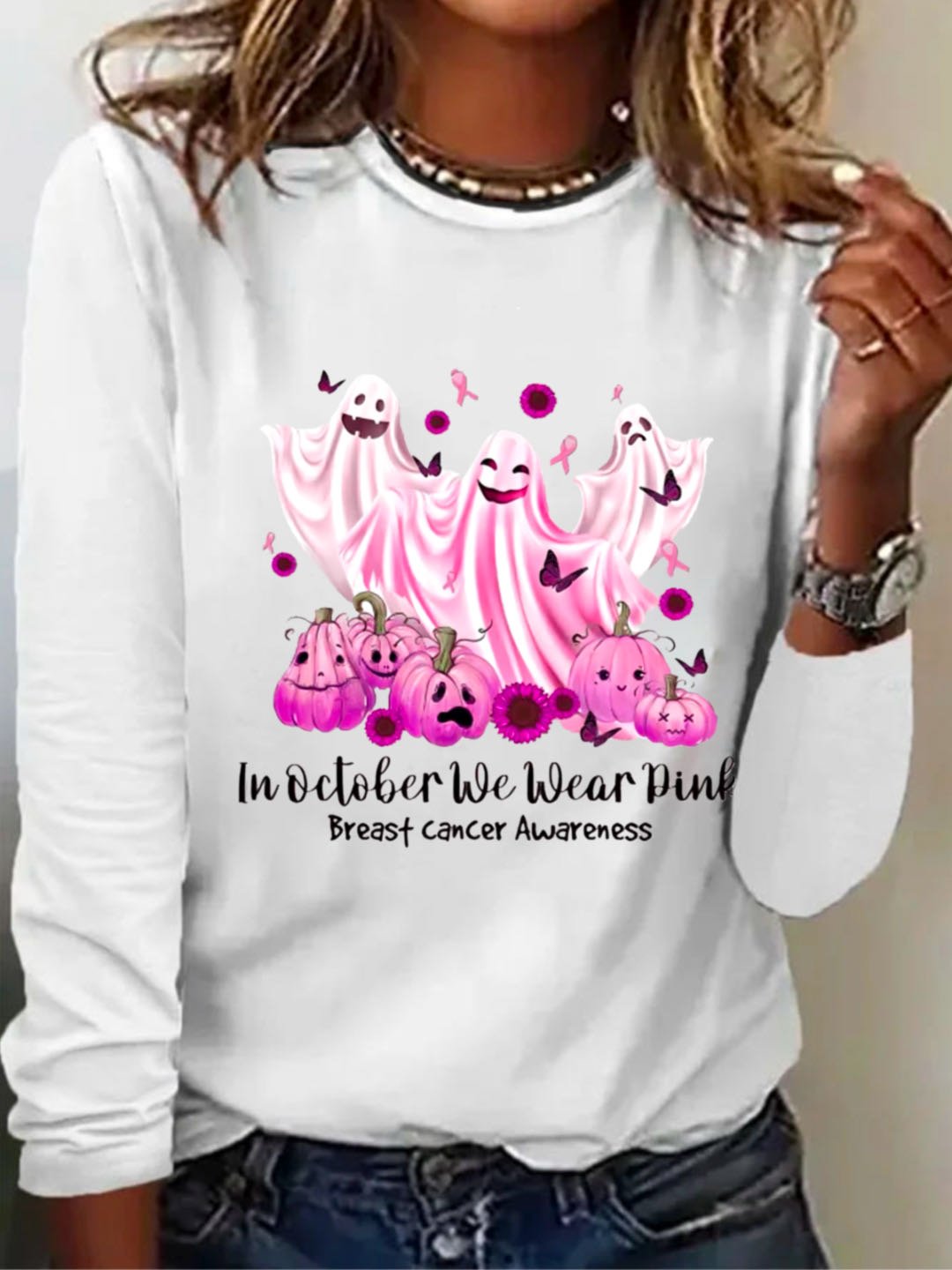 In October We Wear Pink Breast Cancer Awareness Halloween Art Print Casual Breast Cancer T-Shirt