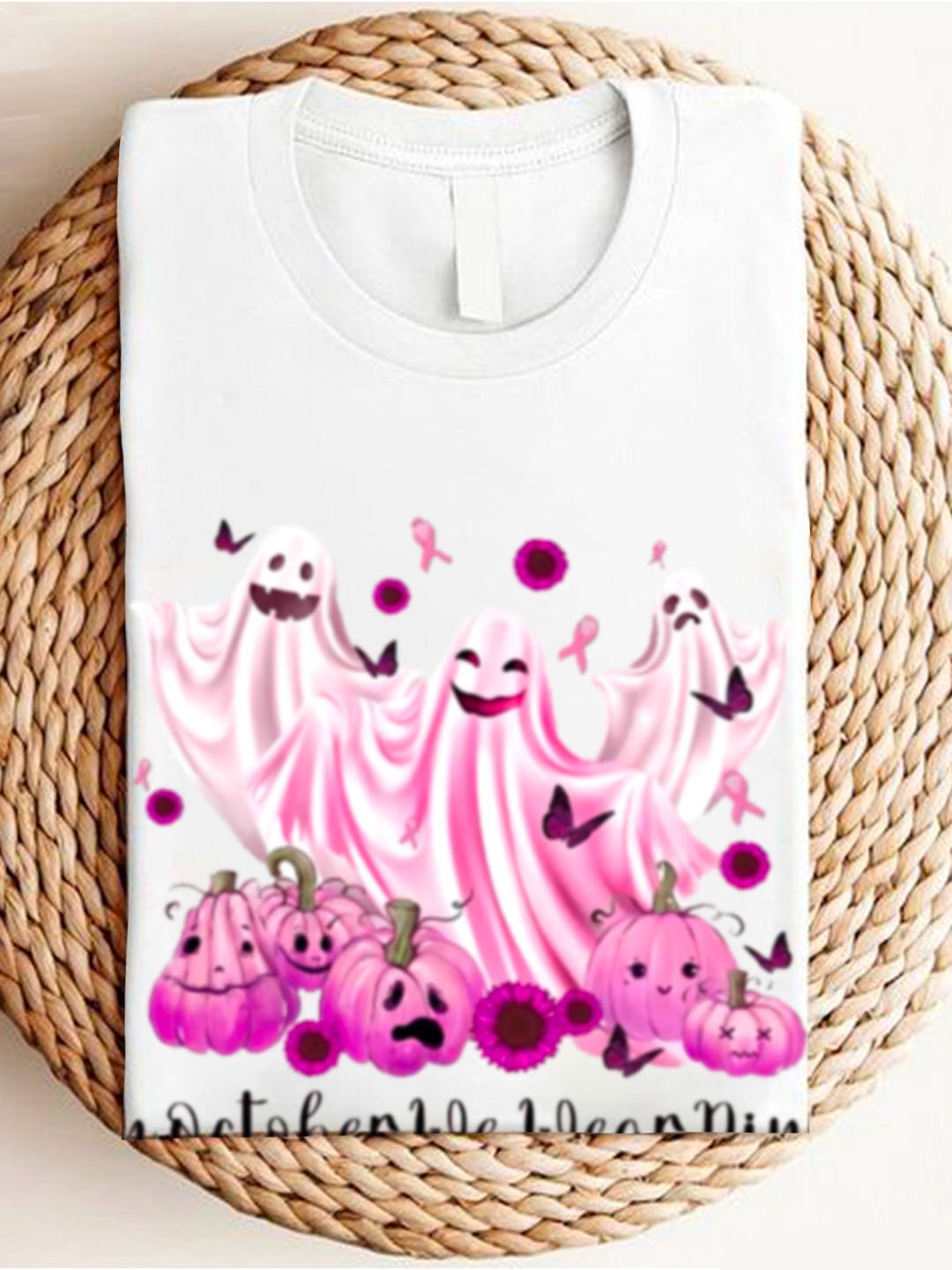 In October We Wear Pink Breast Cancer Awareness Halloween Art Print Casual Breast Cancer T-Shirt