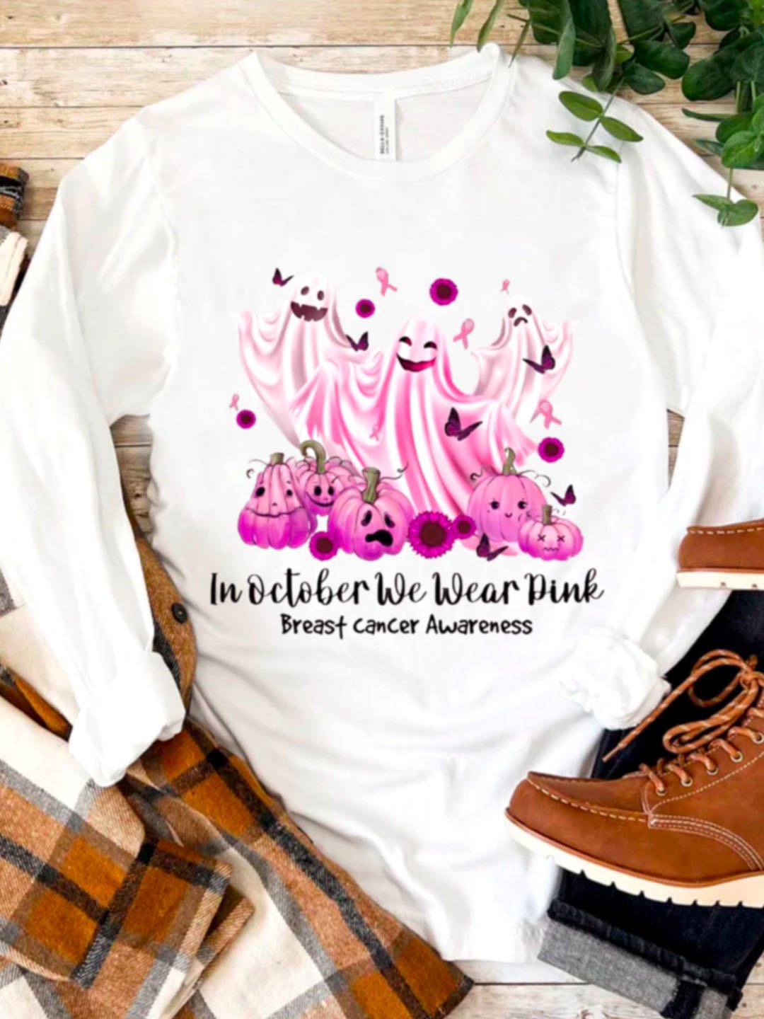 In October We Wear Pink Breast Cancer Awareness Halloween Art Print Casual Breast Cancer T-Shirt