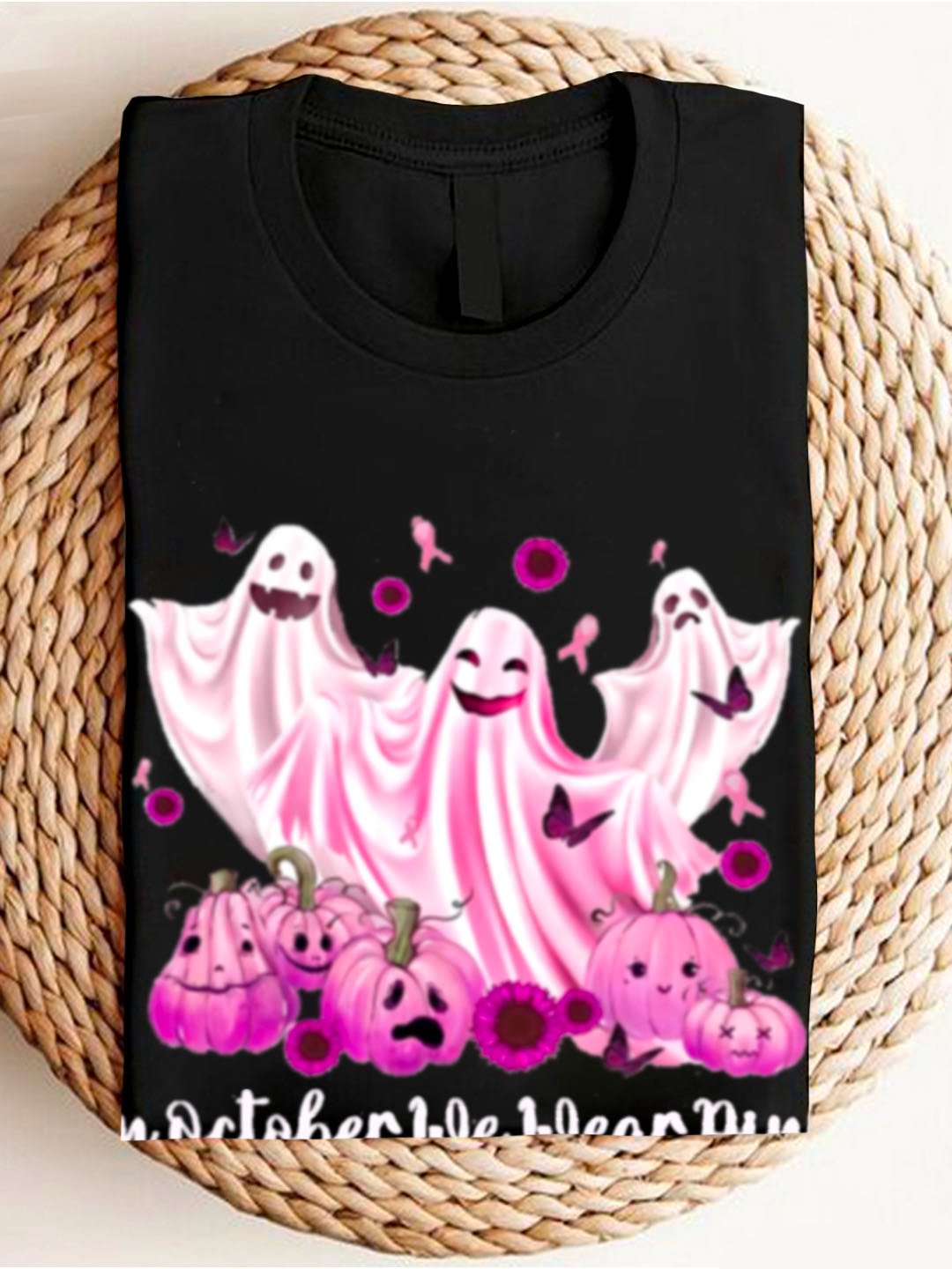 In October We Wear Pink Breast Cancer Awareness Halloween Art Print Casual Breast Cancer T-Shirt