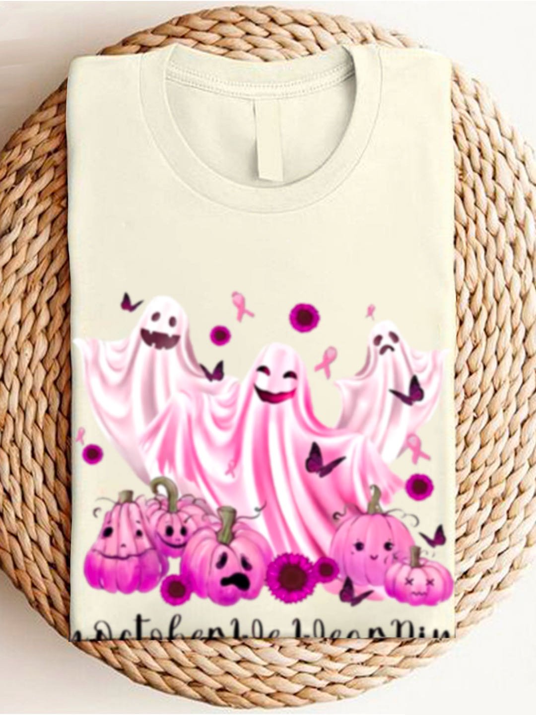 In October We Wear Pink Breast Cancer Awareness Halloween Art Print Casual Breast Cancer T-Shirt