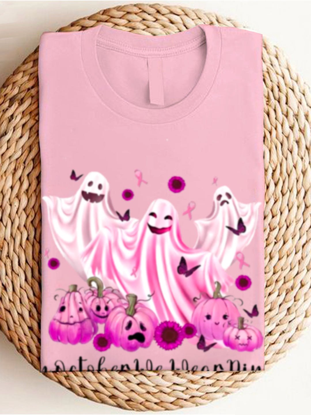 In October We Wear Pink Breast Cancer Awareness Halloween Art Print Casual Breast Cancer T-Shirt