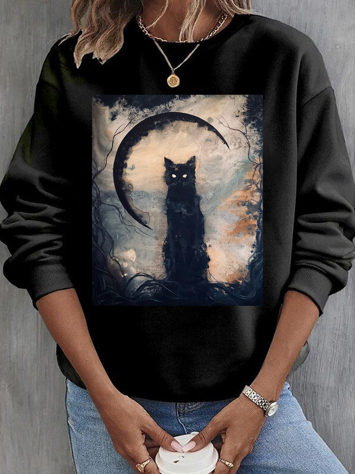 Cat Crew Neck Cotton Sweatshirt