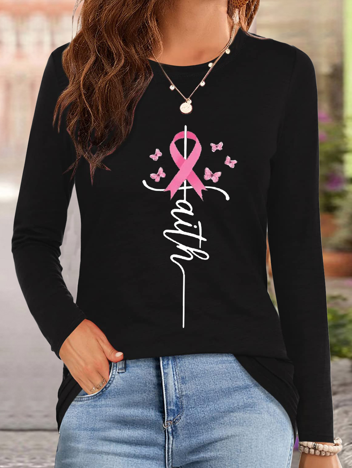 Pink Ribbon Faith Breast Cancer Awareness Warrior Breast Cancer T-Shirt