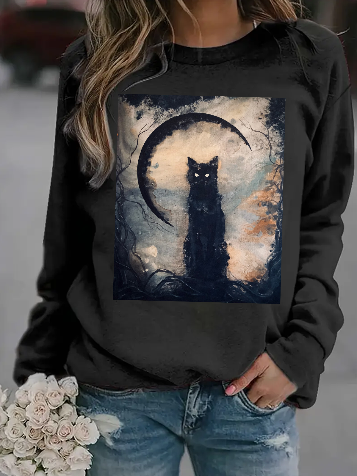 Cat Crew Neck Cotton Sweatshirt