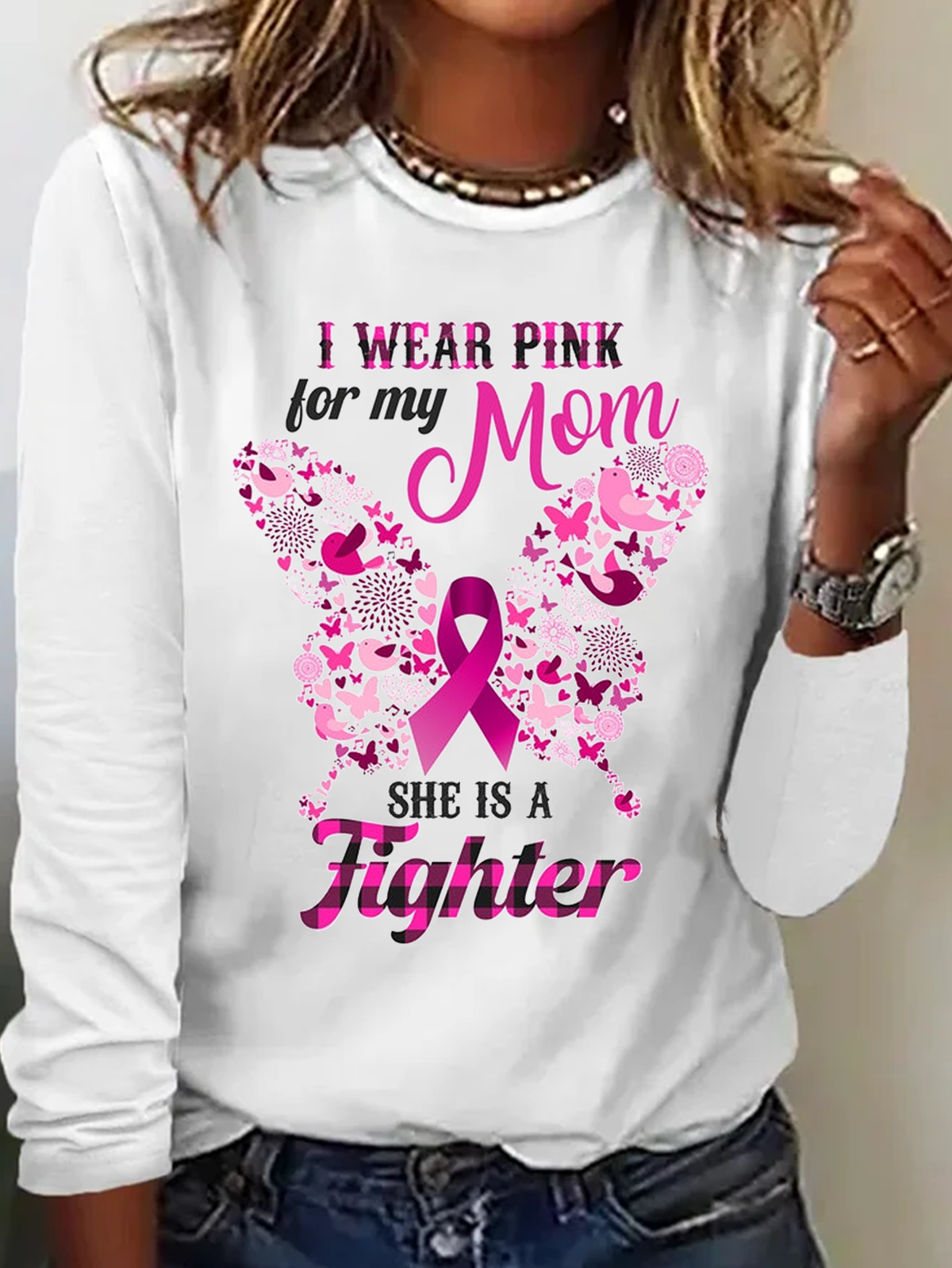 I Wear Pink For My Mom Butterfly & Pink Ribbon Breast Cancer Breast Cancer Awareness Month T-Shirt