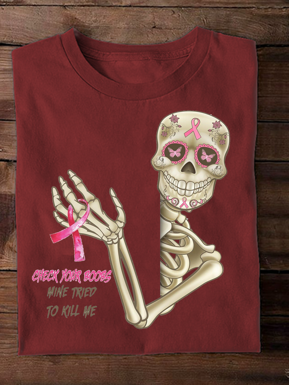 Check Your Boobs Mine Tried To Kill Me Breast Cancer Breast Cancer Awareness Month T-Shirt