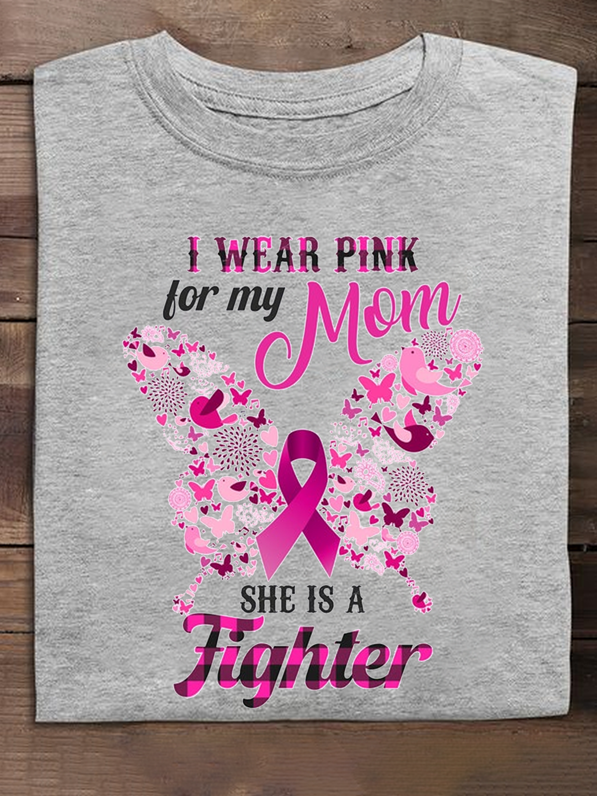 I Wear Pink For My Mom Butterfly & Pink Ribbon Breast Cancer Breast Cancer Awareness Month T-Shirt