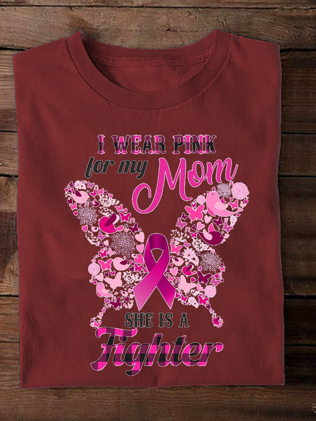 I Wear Pink For My Mom Butterfly & Pink Ribbon Breast Cancer Breast Cancer Awareness Month T-Shirt