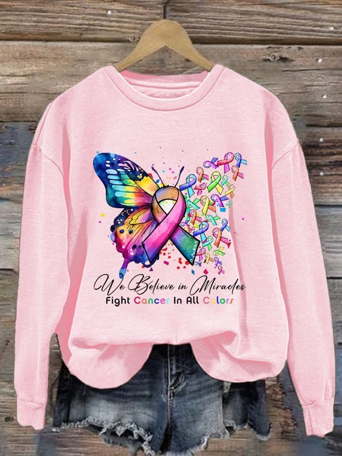 We Believe in Miracles Fight In All Color Printed Breast Cancer Breast Cancer Awareness Month Sweatshirt