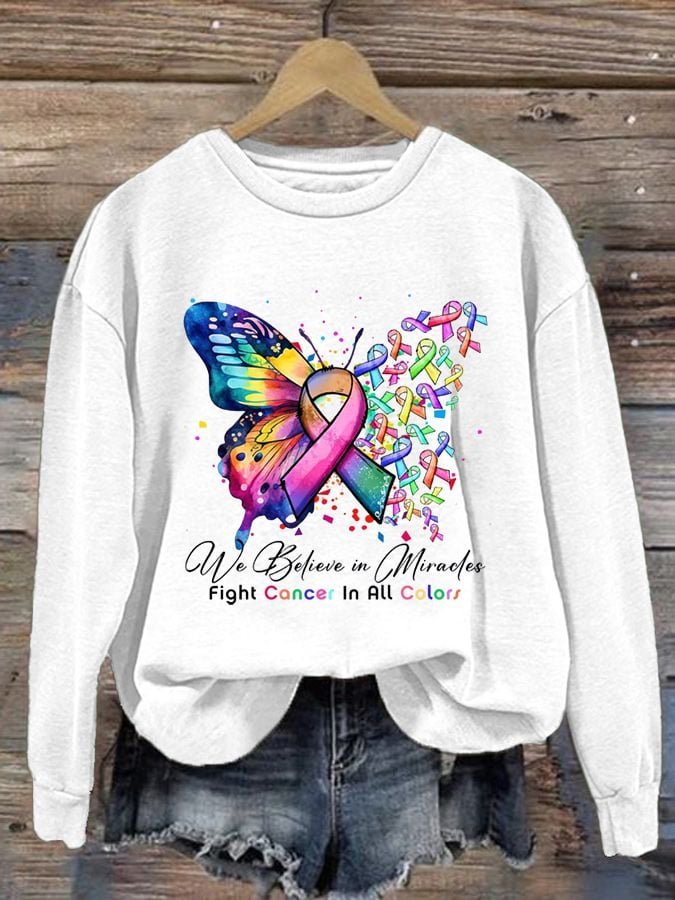 We Believe in Miracles Fight In All Color Printed Breast Cancer Breast Cancer Awareness Month Sweatshirt