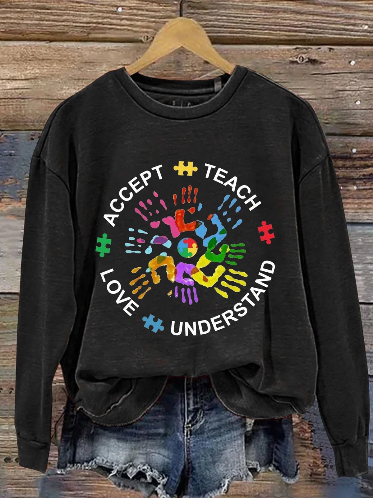 Casual Crew Neck Letter Pattern Loose ASD WAAD Autism Awareness Month  Sweatshirt