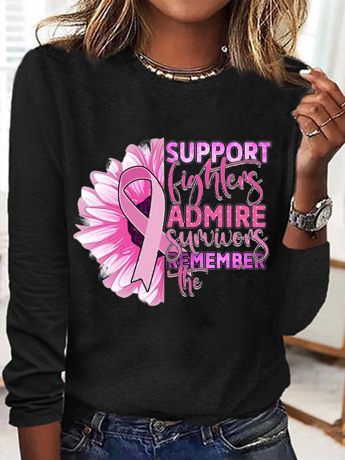 Loose Cotton Casual Breast Cancer Breast Cancer Awareness Month T-Shirt